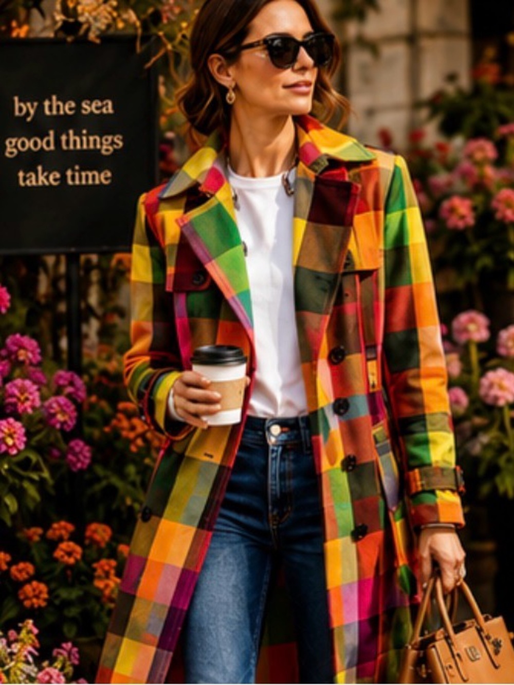 Rainbow Plaid Trench Coat Colorful Statement Belted Size S Boden Style